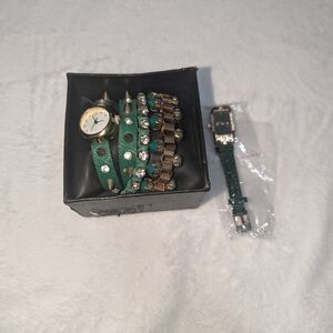 Green Studded Women's Watch Set